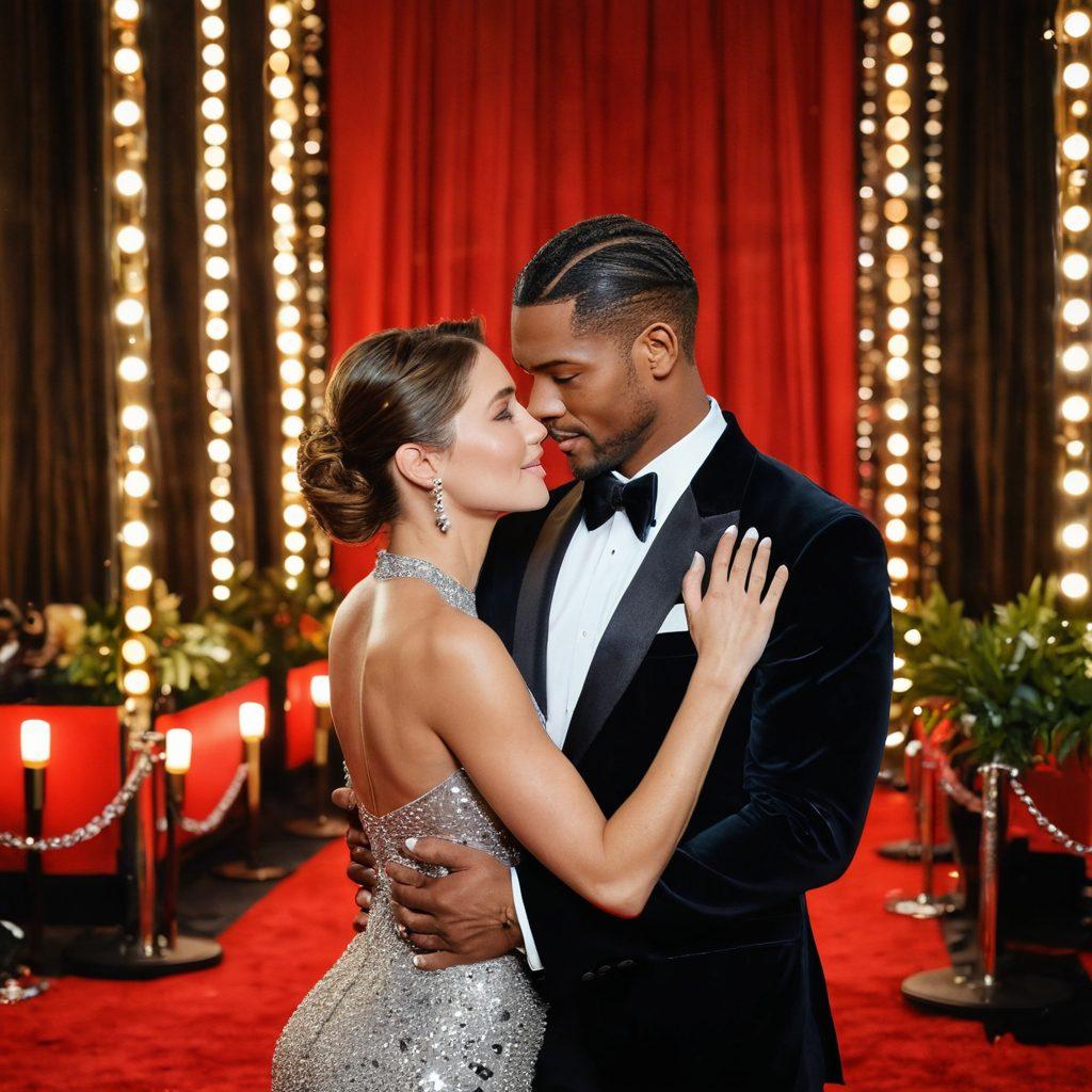 A dazzling red carpet scene showcasing glamorous couples intertwined in an embrace, surrounded by shimmering lights and camera flashes. Iconic fashion statements, sparkling jewelry, and a backdrop of a bustling Hollywood event add to the allure. Subtle hints of tabloid headlines and romantic whispers float around the scene. A blend of opulence and drama captures the essence of celebrity romance. super-realistic. vibrant colors. cinematic lighting.
