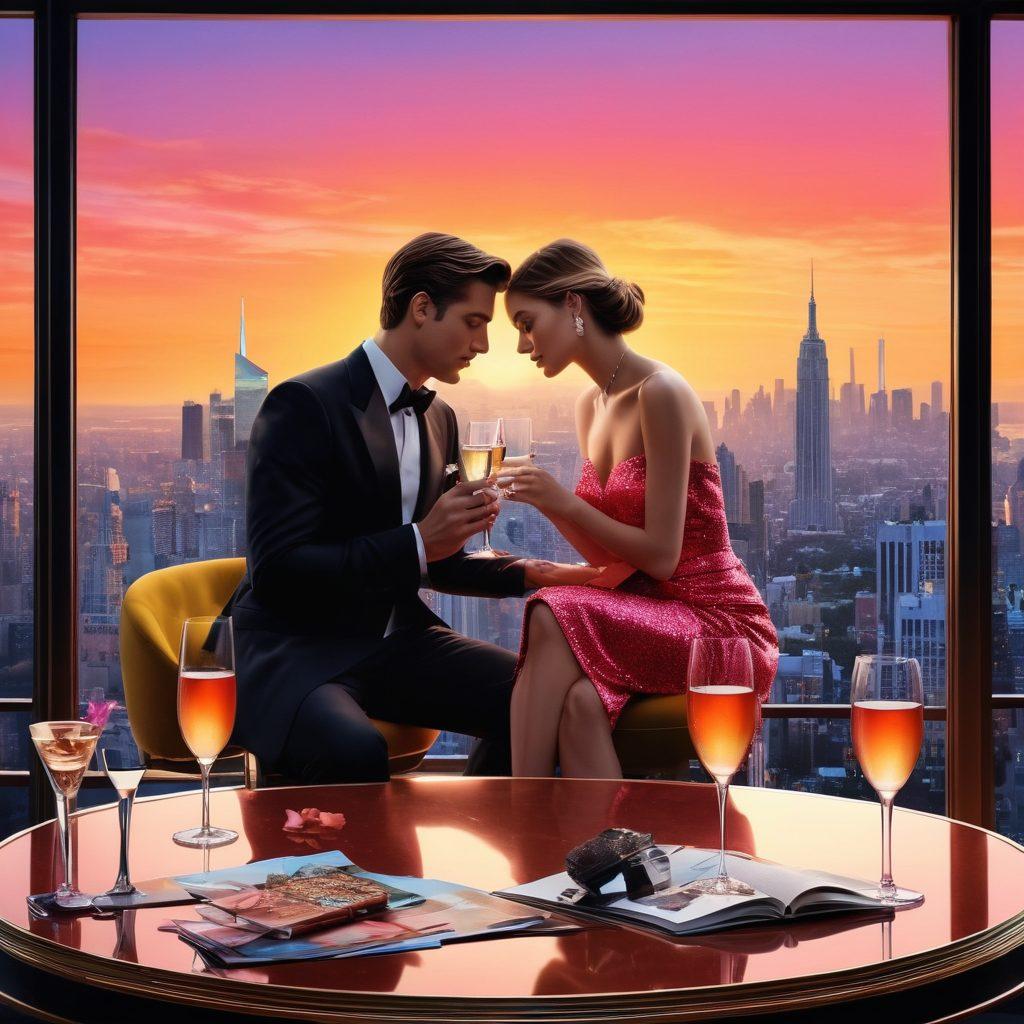 A striking collage featuring iconic celebrity duos in a whimsical, romantic setting, intertwined with elements representing their secrets: a locked diary, champagne glasses, and fashionable accessories. The background showcases a city skyline at sunset, blending charm and intrigue. Bright, vivid colors highlight the playful yet glamorous theme, inviting viewers to explore the world of celebrity relationships. super-realistic. vibrant colors. 3D.