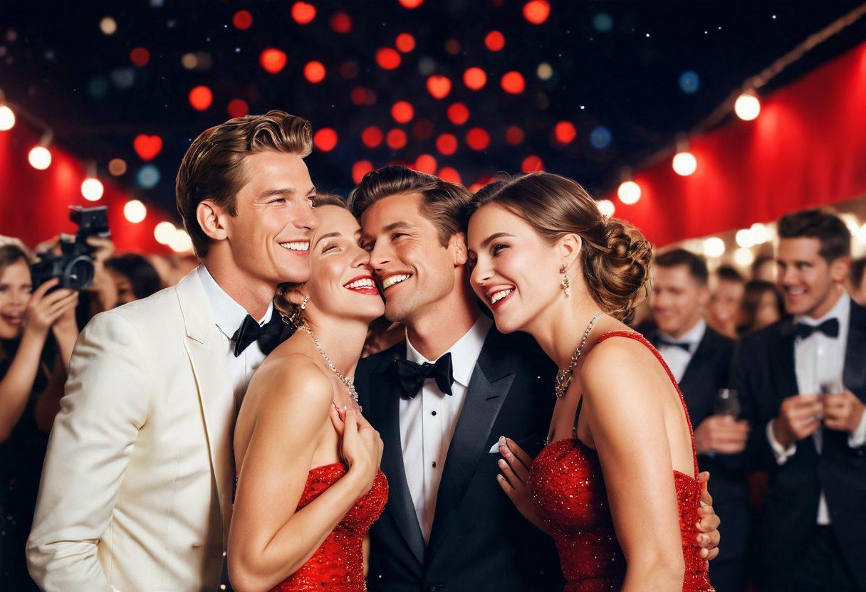 A glamorous red carpet scene with a blurred crowd of flashing paparazzi cameras in the background, front-focused celebrity couple laughing and whispering secrets to each other, with glitzy lights and starry night sky creating a romantic ambiance, surrounded by heart-shaped bokeh effects. vibrant colors. super-realistic.